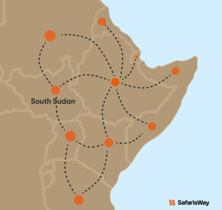 Map highlighting South Sudan travel routes and national parks