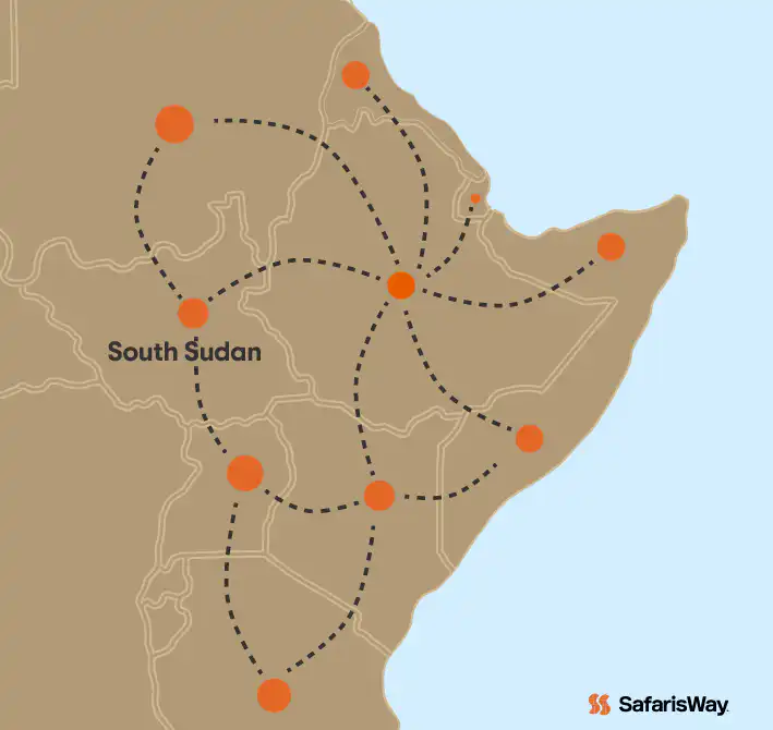Map highlighting South Sudan travel routes and national parks
